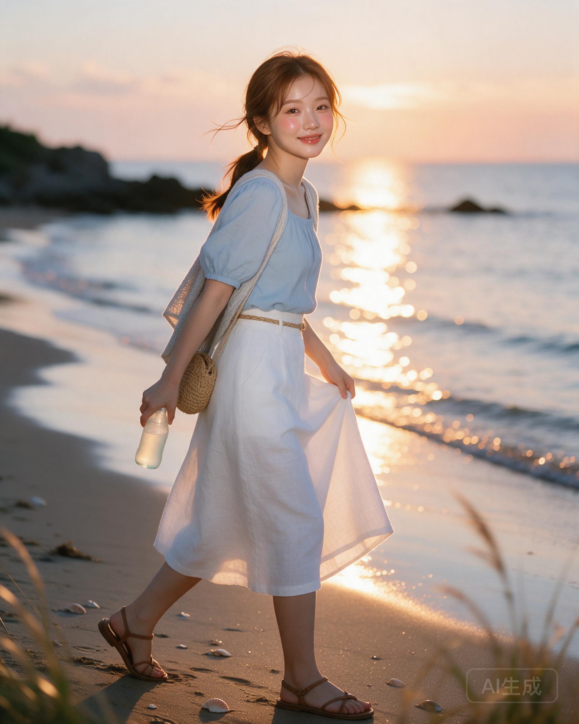【比例】+【摄影器材】+【风格词】
4:5，85mm 中长焦人像，海边黄昏逆光写真，浅景深，暖金色调