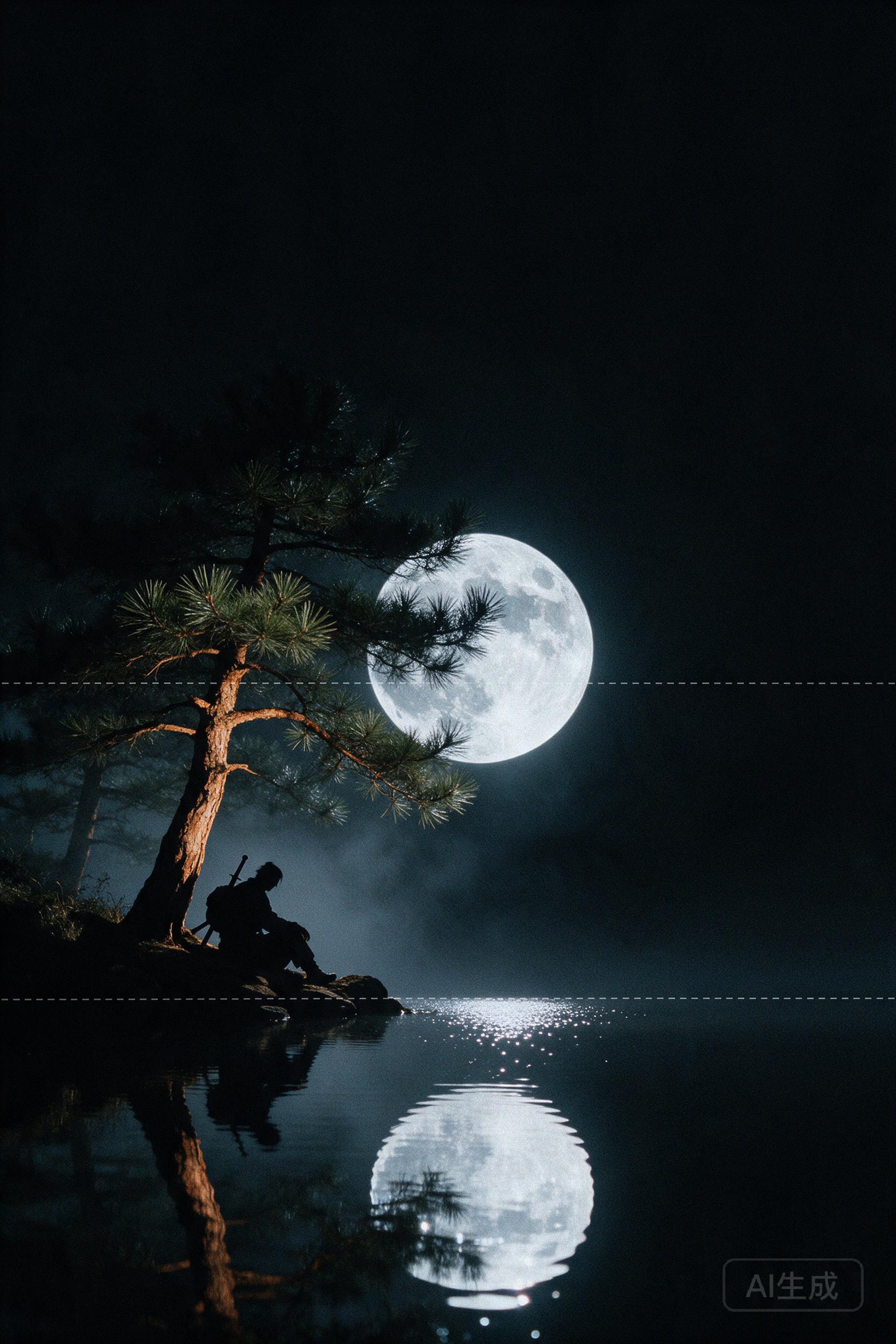 东方武侠电影海报，松间夜冷银弱光光影，水平线分割极端极简构图，虚实悟道层次叙事。92%大面积墨黑极致